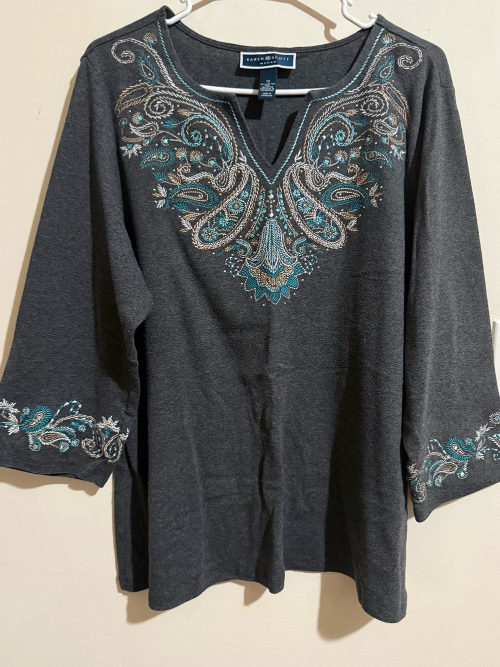 Karen Scott Charcoal V-Neck Tunic with Teal & Cream Embroidery